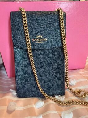COACH Navy Leather Crossbody Phone Pouch with Gold Chain Strap